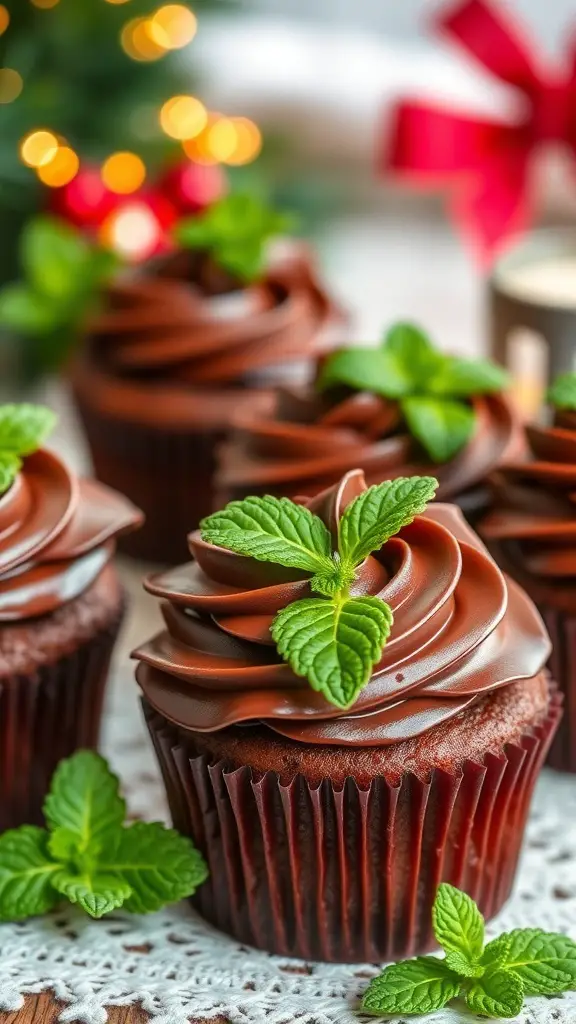Chocolate mint cupcakes with swirled frosting and fresh mint leaves on top