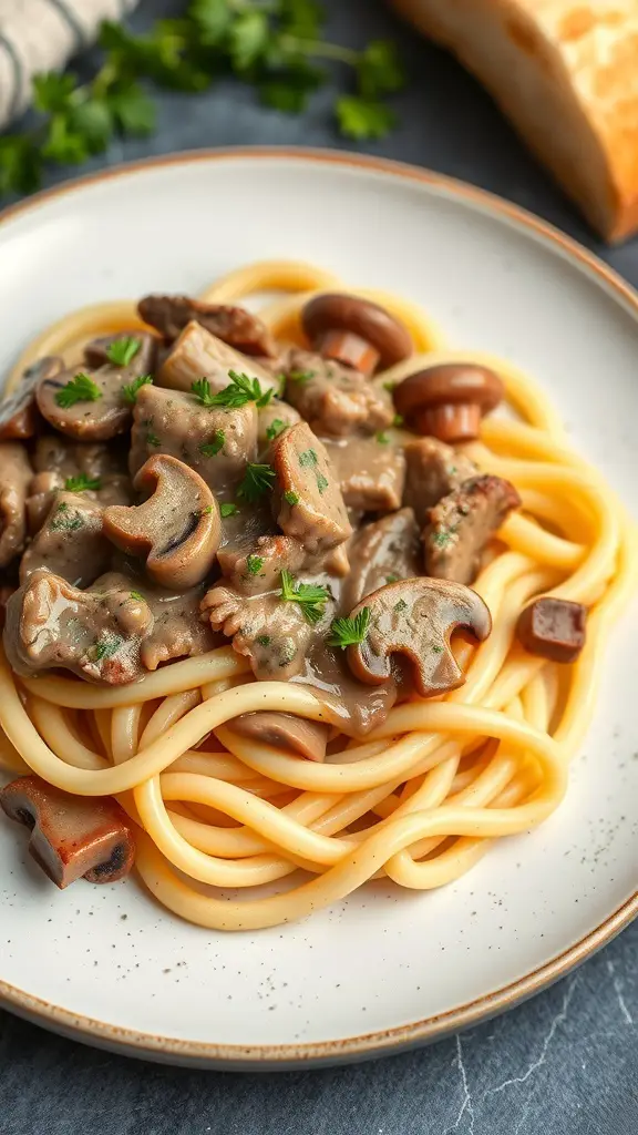 A plate of Beef and Mushroom Stroganoff served over pasta with fresh parsley.