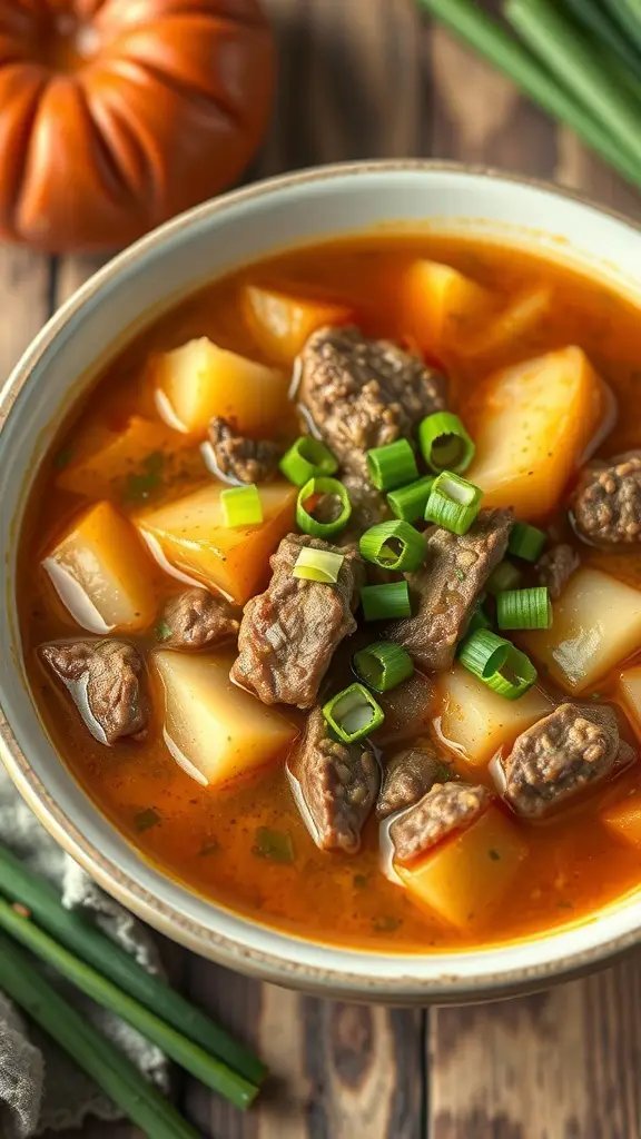 A bowl of beef and potato soup with green onions on top, surrounded by fresh ingredients.