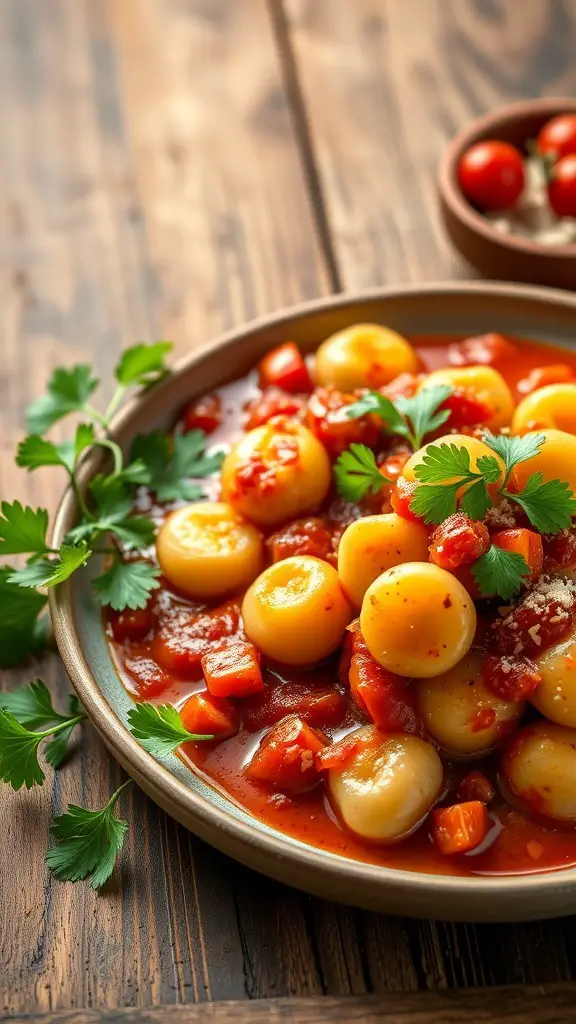 A bowl of spicy arrabbiata gnocchi with tomato sauce and herbs.