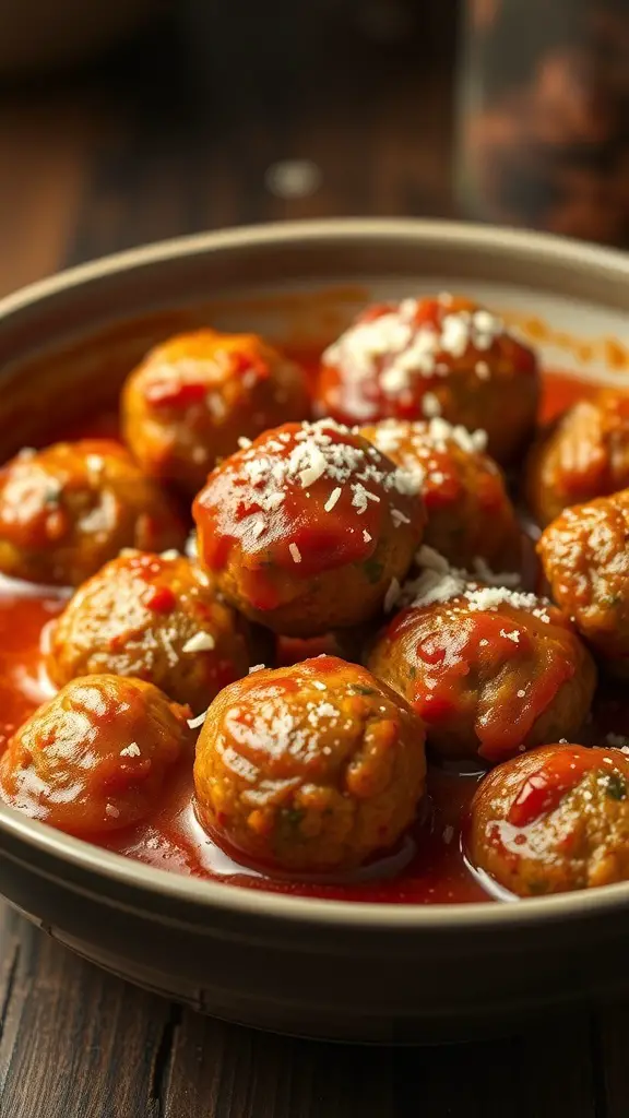 A bowl of classic meatballs in marinara sauce, topped with cheese.