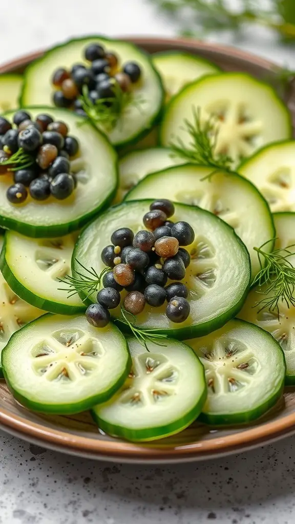 A plate of sliced cucumbers topped with caviar and garnished with dill.
