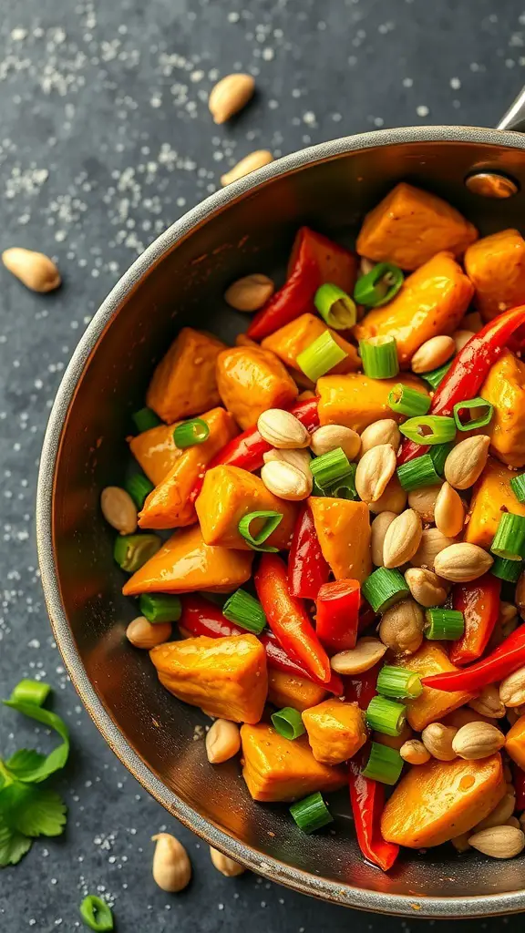 A pan filled with Thai Peanut Chicken Stir-Fry, featuring colorful chicken pieces, red bell peppers, and green onions, topped with peanuts.