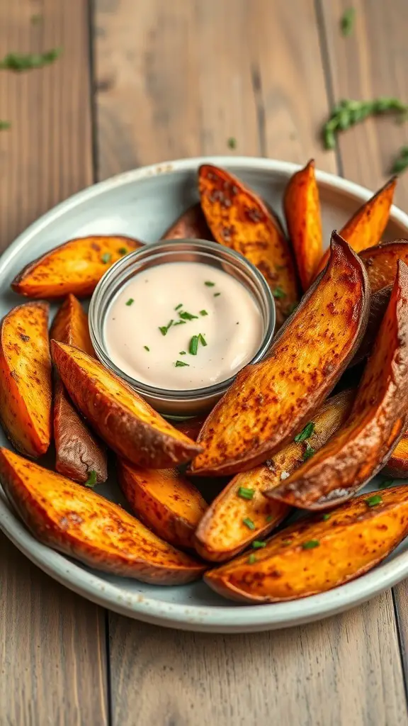 A plate of spiced sweet potato wedges with a dipping sauce