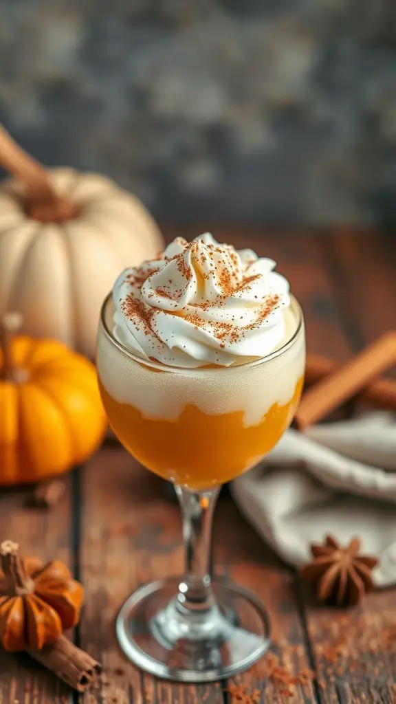A glass of Pumpkin Spice Sparkler topped with whipped cream and cinnamon, surrounded by pumpkins and cinnamon sticks.