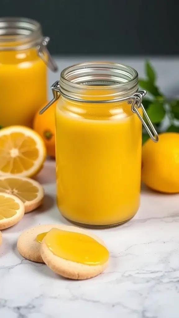 Jars of lemon curd with lemons and cookies