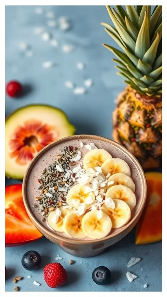 Smoothie bowl topped with banana slices, coconut flakes, and seeds, surrounded by fresh fruits.