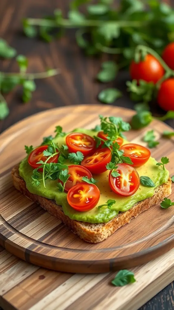 A slice of avocado toast topped with cherry tomatoes and fresh herbs on a wooden plate.