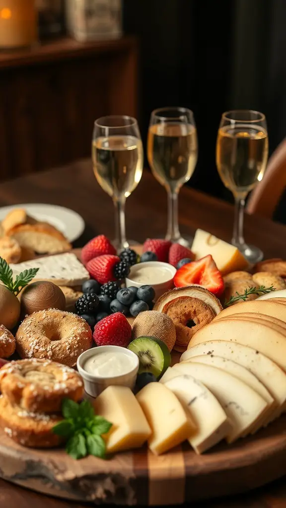 A brunch inspired charcuterie board featuring cheeses, fresh fruits, pastries, and sparkling drinks.