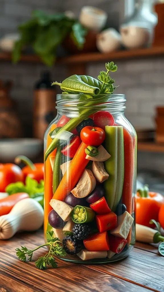 A jar filled with a colorful vegetable medley, including bell peppers, carrots, and cherry tomatoes, set against a rustic kitchen background.