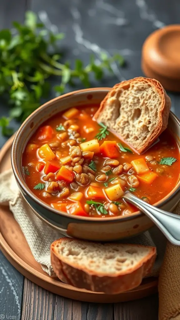 A bowl of lentil and vegetable soup with colorful vegetables and a slice of bread on the side.
