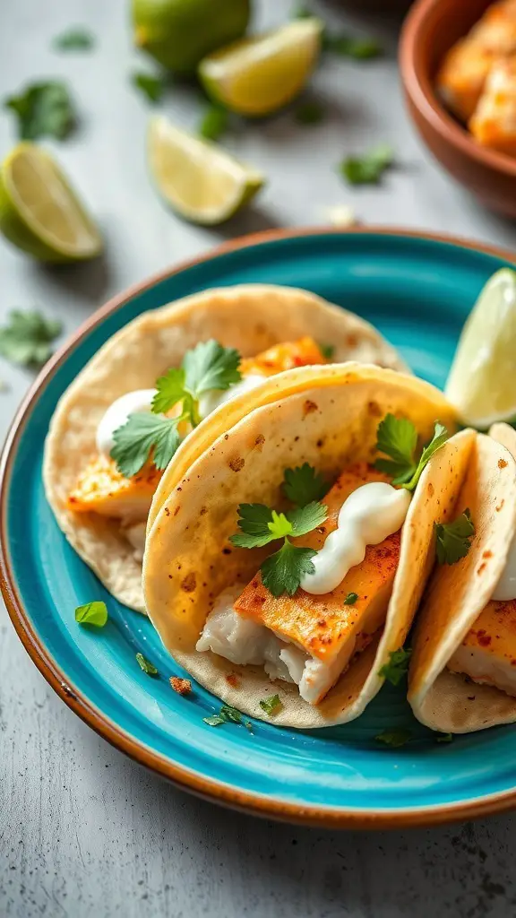 Mini fish tacos with lime crema on a blue plate, garnished with cilantro and lime wedges.