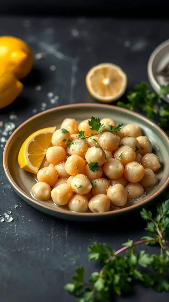 A plate of lemon garlic gnocchi garnished with parsley and lemon slices.