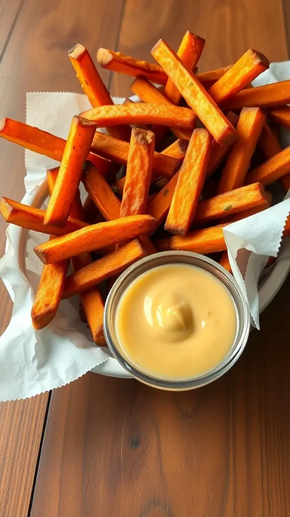 A plate of crispy sweet potato fries served with honey mustard dip.