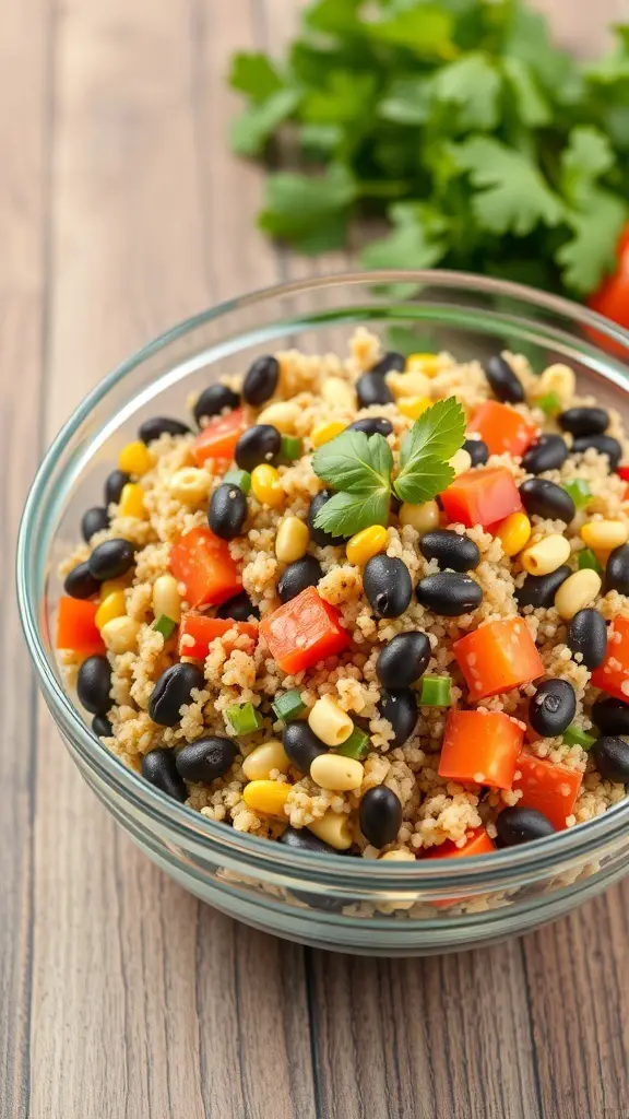 A bowl of quinoa salad with black beans, corn, and colorful vegetables.