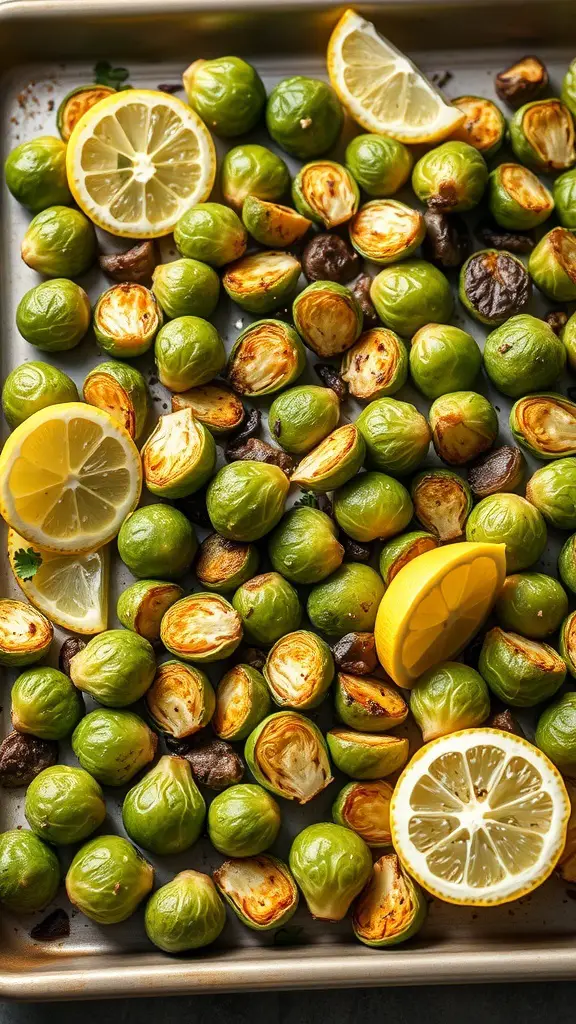 A tray of garlic roasted Brussels sprouts with lemon slices