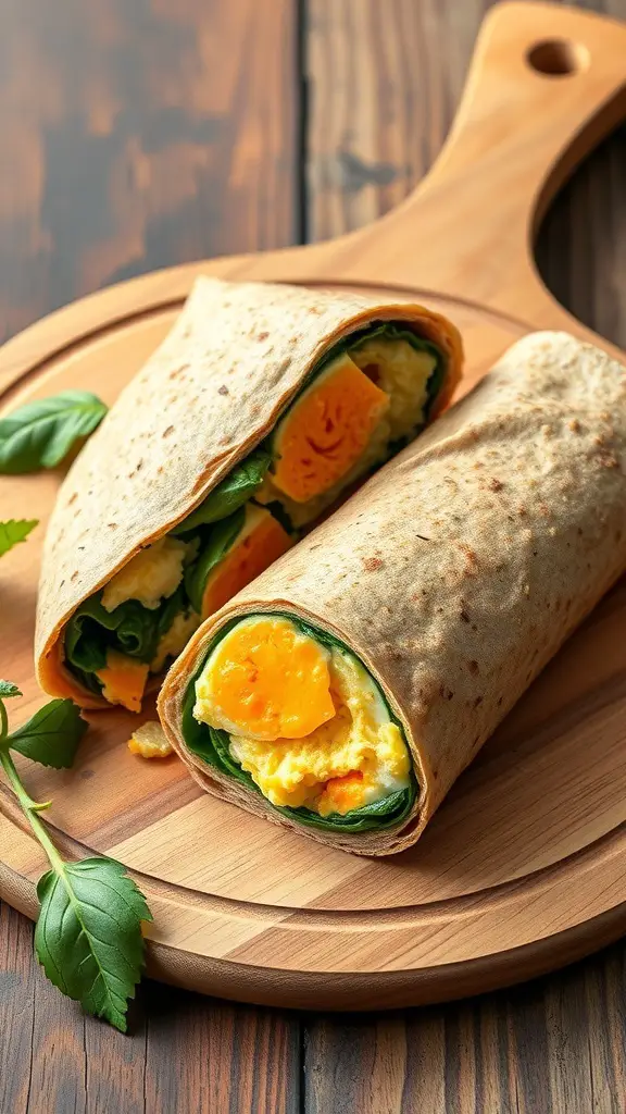 A delicious egg and spinach breakfast wrap on a wooden cutting board.