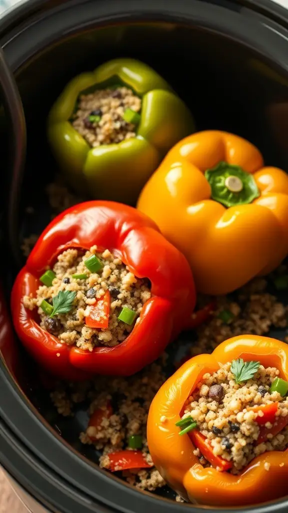 Colorful stuffed bell peppers with quinoa in a crockpot