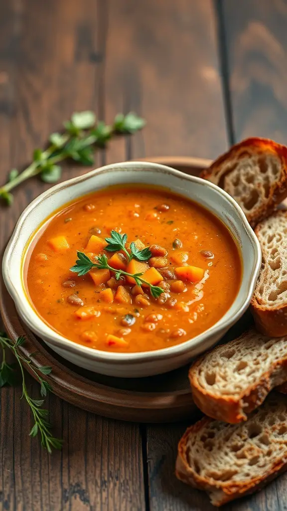A bowl of sweet potato and lentil soup with slices of bread on the side.