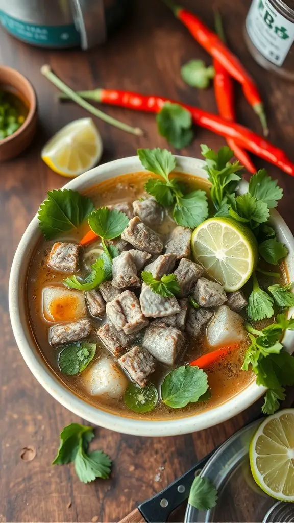 A bowl of Beef Pho with fresh herbs, lime, and chili peppers on a wooden table.