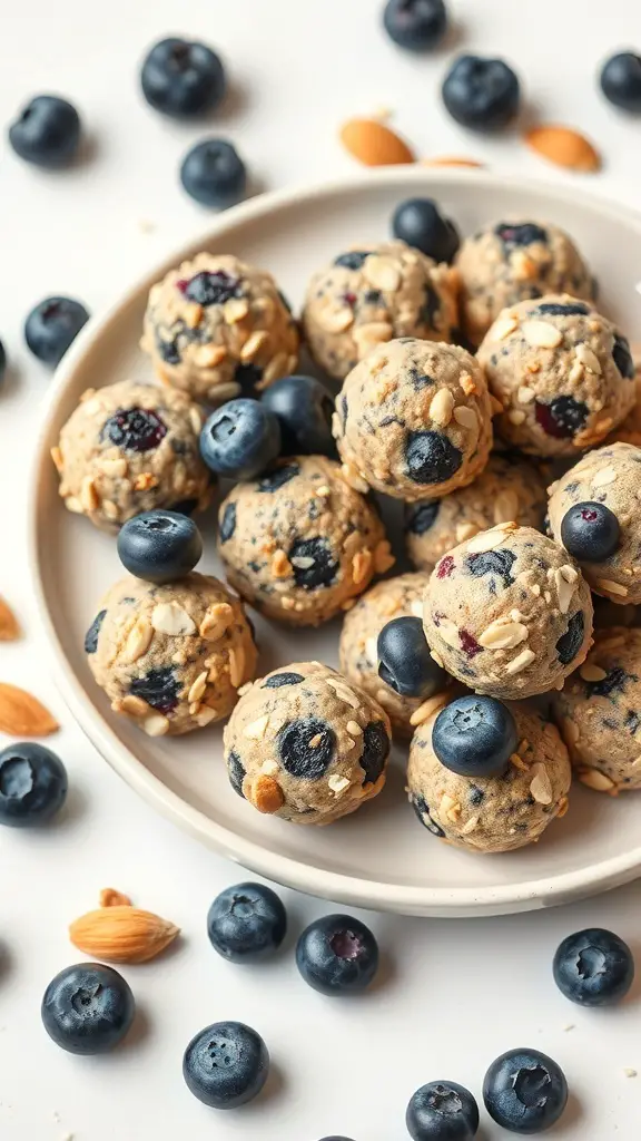 A plate of blueberry almond energy bites surrounded by fresh blueberries and almonds.