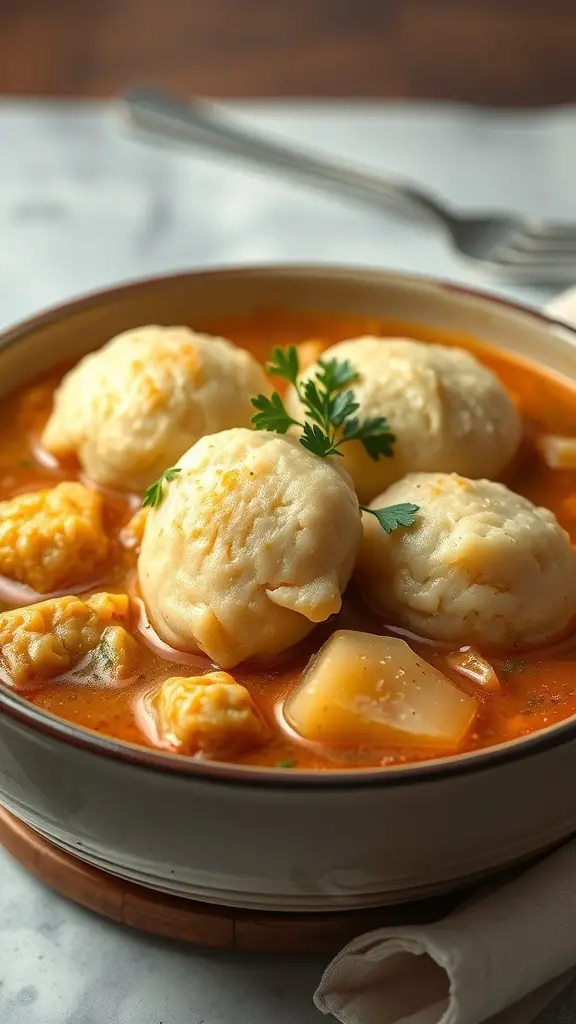 A bowl of chicken stew with fluffy dumplings, garnished with parsley.