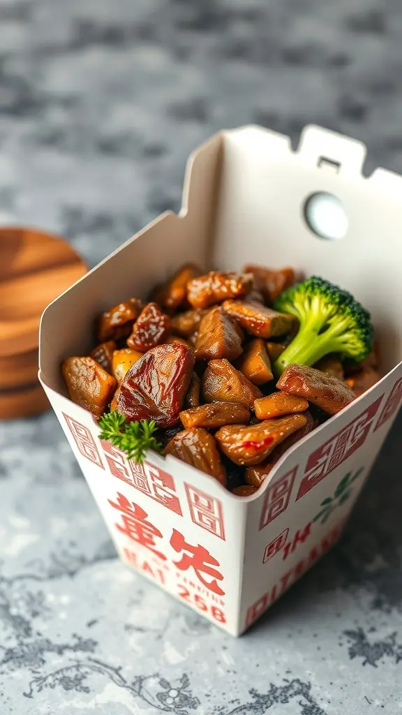 A takeout box filled with beef and broccoli stir-fry, showcasing colorful vegetables and tender meat.