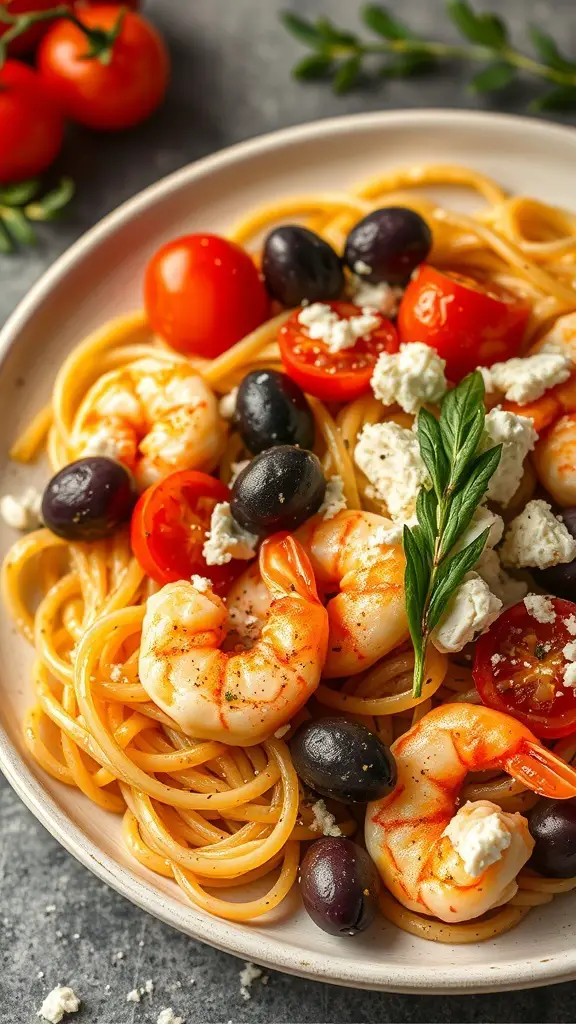 A plate of Mediterranean shrimp pasta with cherry tomatoes, black olives, and feta cheese.