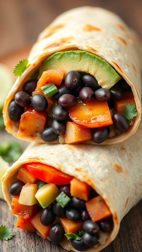 Two breakfast burritos filled with black beans and colorful vegetables.