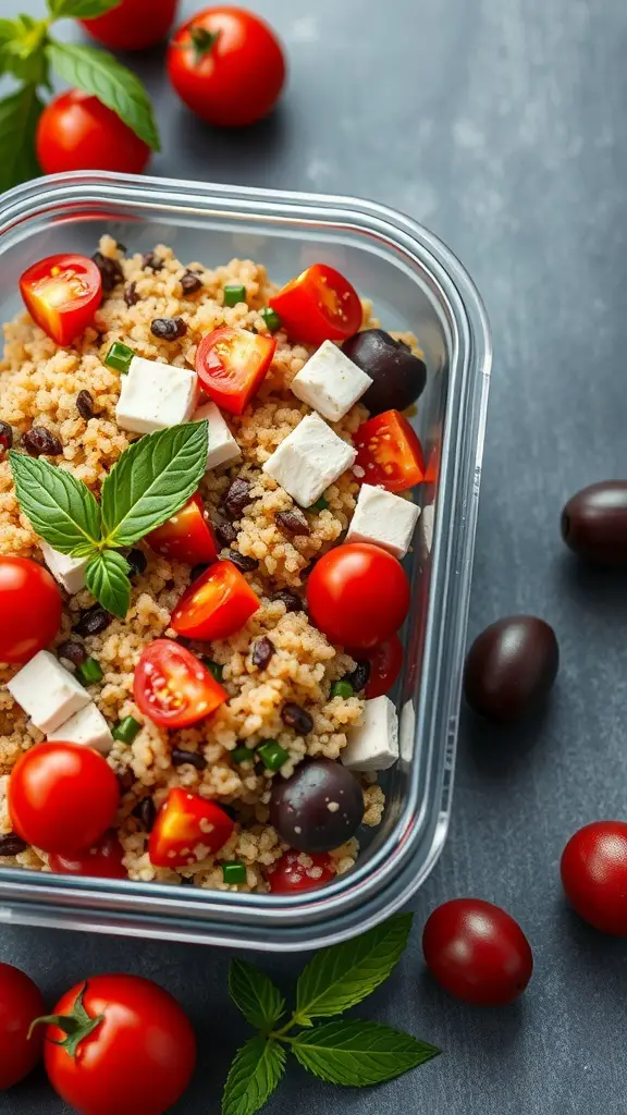 A colorful Mediterranean quinoa salad with cherry tomatoes, black olives, and feta cheese in a glass container.