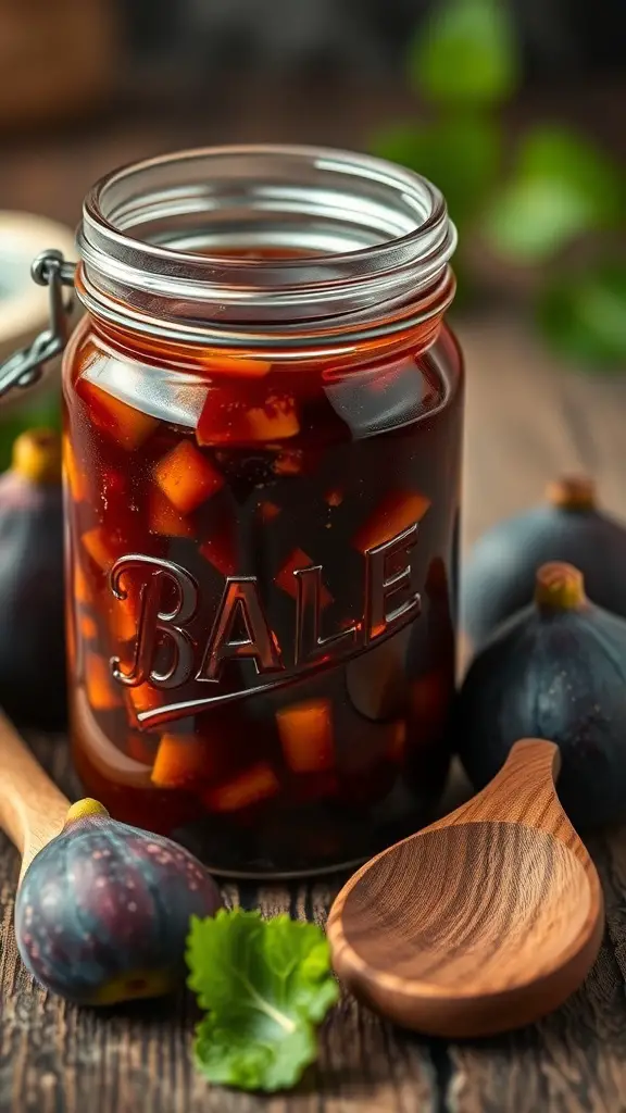 A jar of spiced fig jam with figs and a wooden spoon beside it.