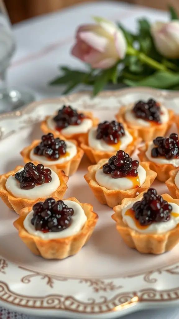 A plate of caviar and goat cheese tartlets, elegantly presented with a floral background.
