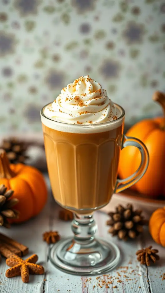 A glass of pumpkin spice punch topped with whipped cream and surrounded by pumpkins and pinecones.