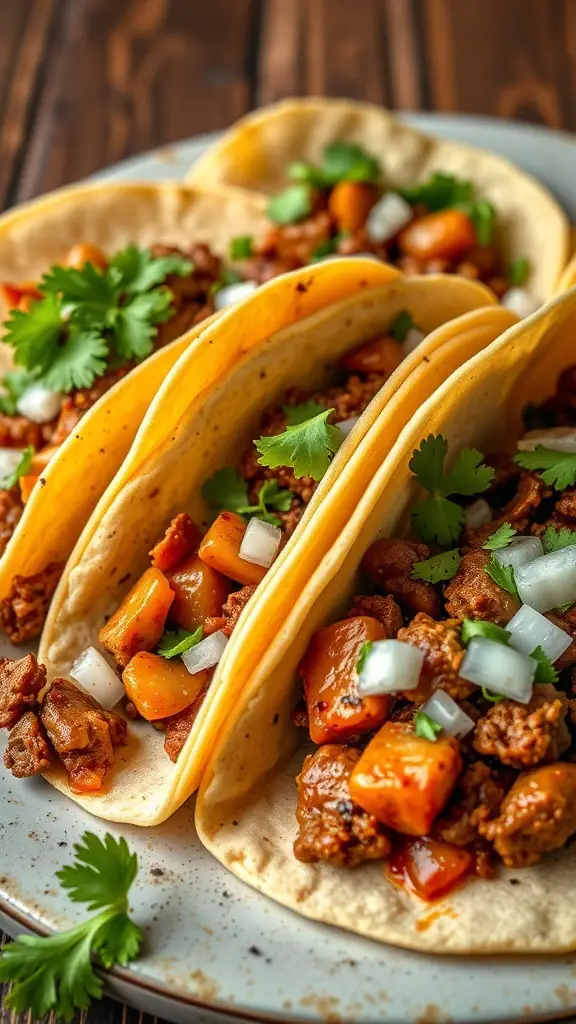 Three spicy beef and potato tacos on a plate, garnished with cilantro and onions.