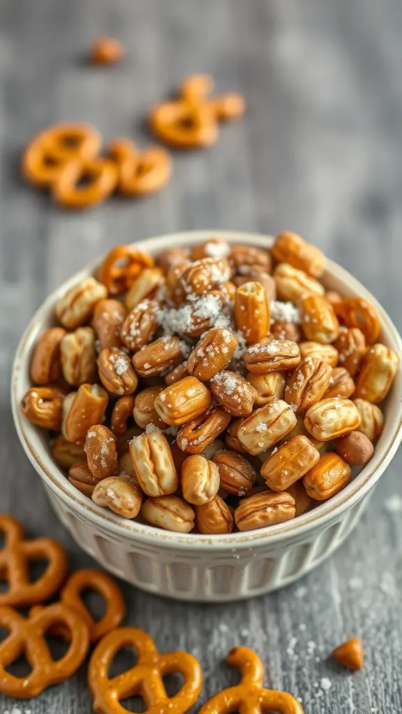 A bowl of spiced nuts and pretzels with some scattered pretzels around it.
