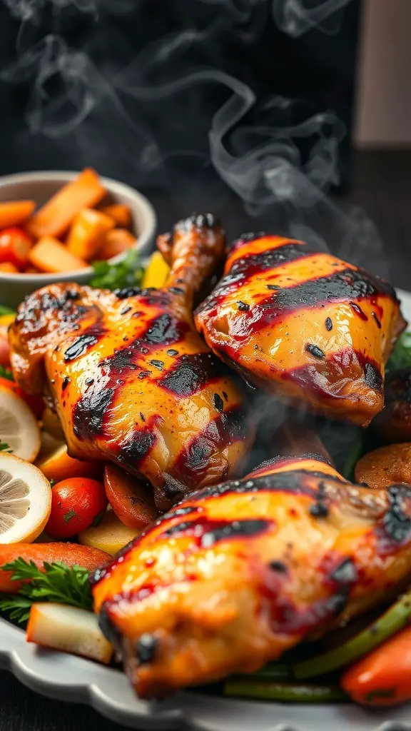 Juicy smoked chicken thighs served with vegetables and garnished with herbs