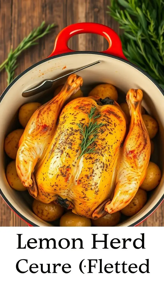 A whole roasted chicken with herbs and potatoes in a Dutch oven.