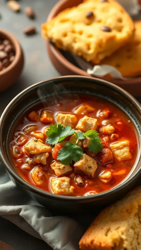 A bowl of spicy chicken chili garnished with cilantro, served with bread on the side.