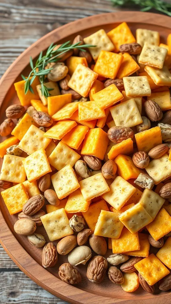 A wooden bowl filled with cheddar crackers and assorted nuts, garnished with herbs.