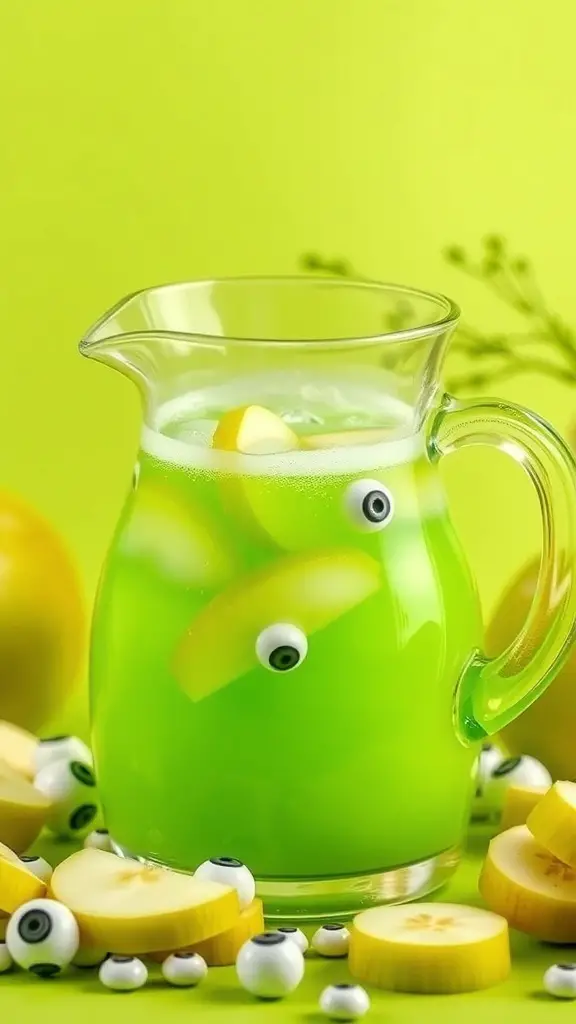 A pitcher of green apple punch with apple slices and candy eyeballs, set against a bright green background.