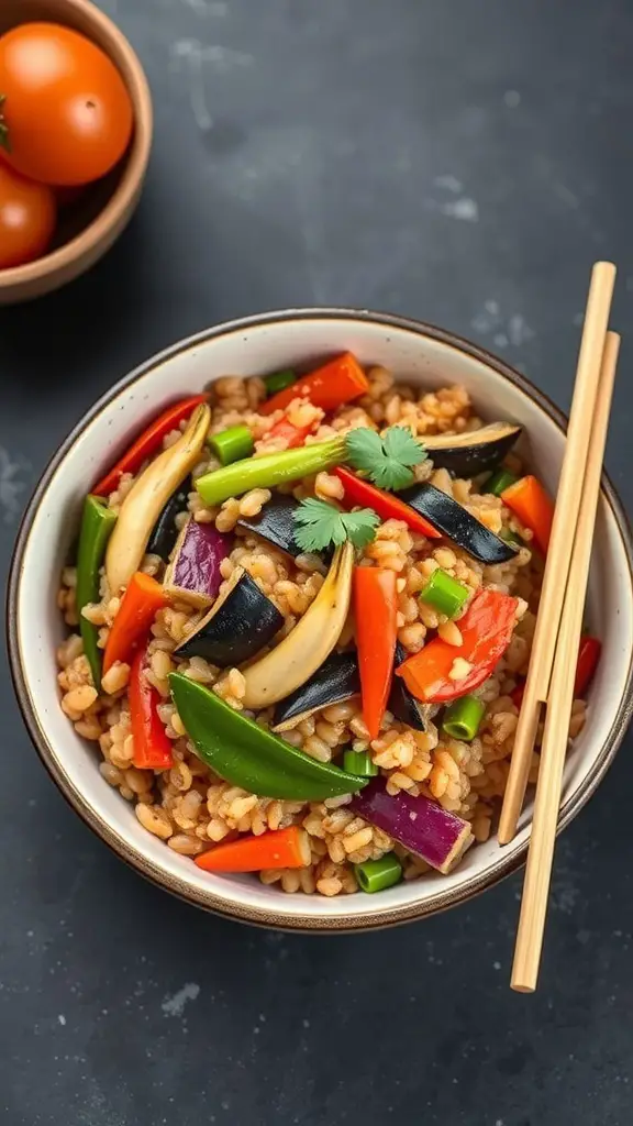 A bowl of barley and vegetable stir-fry with colorful vegetables and chopsticks.