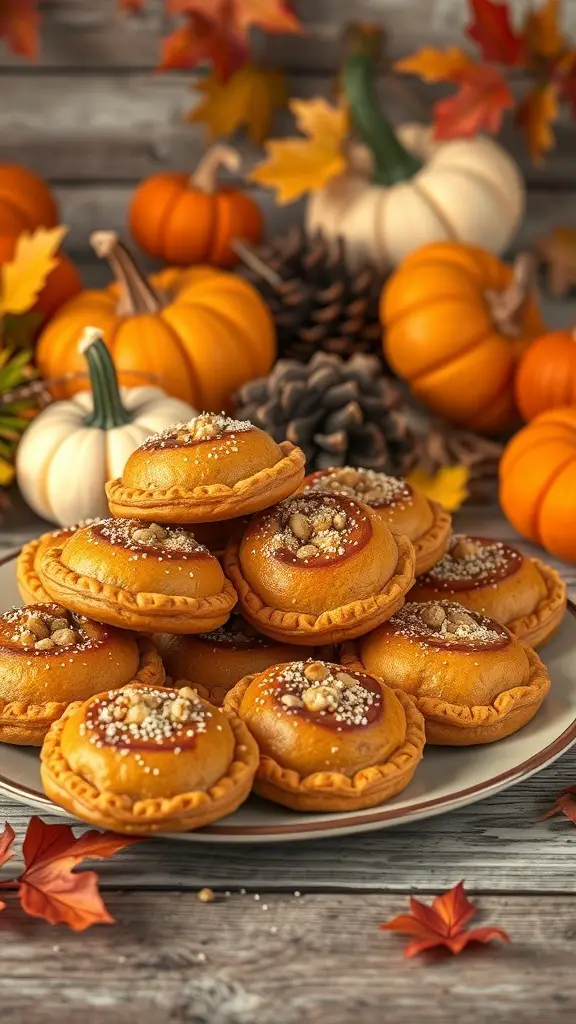 A stack of golden pumpkin pasties on a plate, surrounded by autumn leaves and pumpkins.