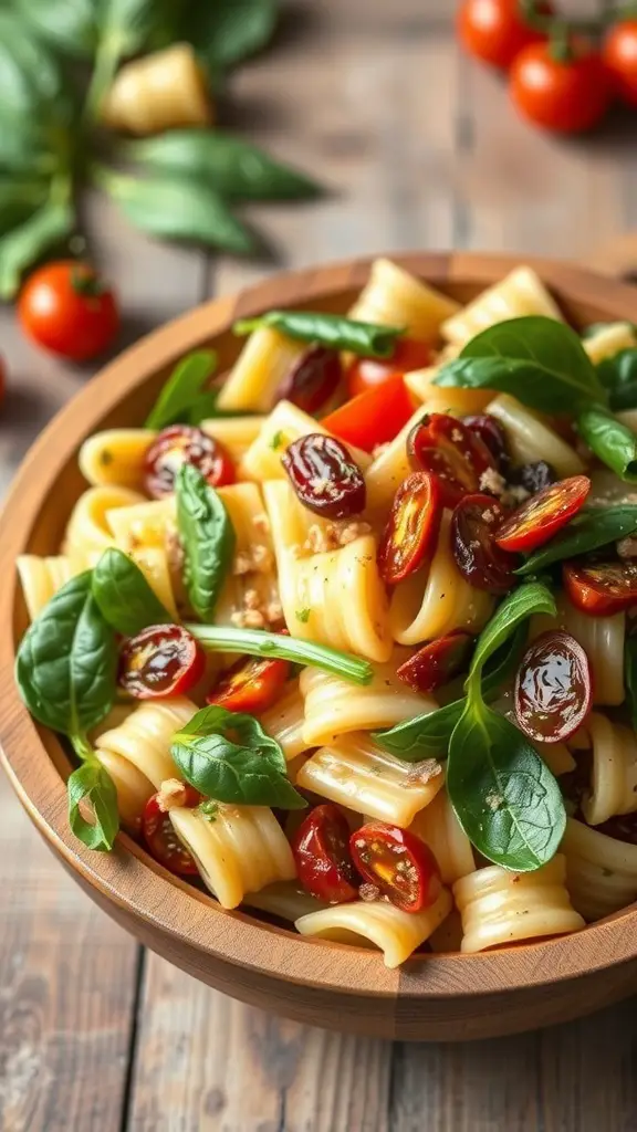 A bowl of Sun-Dried Tomato and Spinach Pasta Salad with fresh ingredients.
