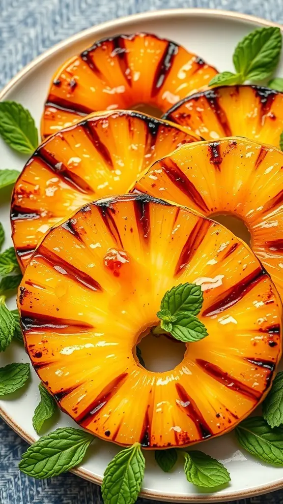 Grilled pineapple slices with honey glaze and mint leaves on a plate
