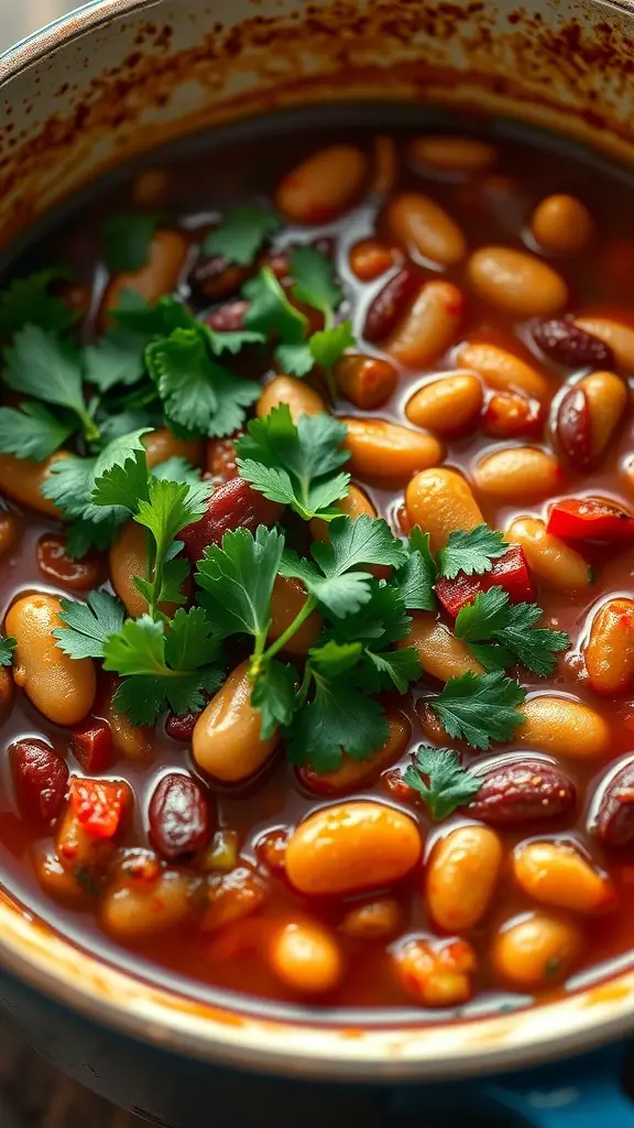 A pot of vegetarian chili with various beans and fresh cilantro on top.