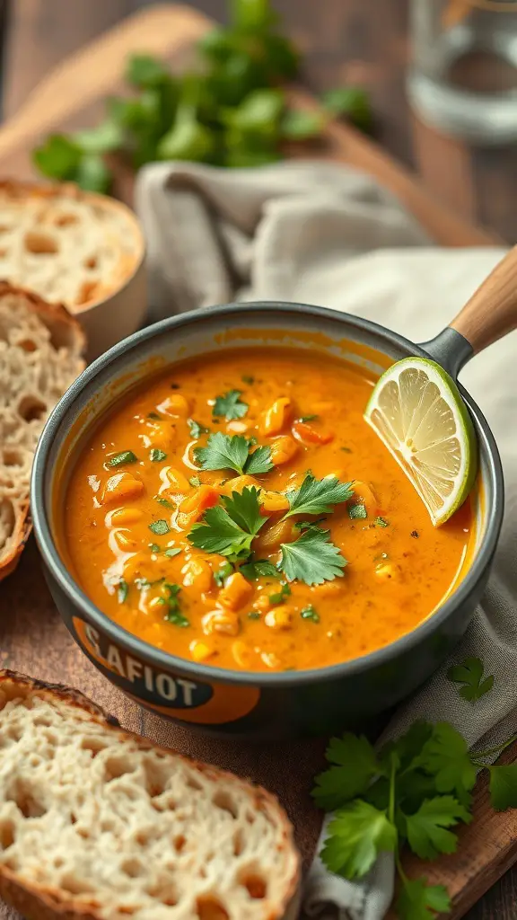 A bowl of coconut curry lentil soup garnished with cilantro and lime, with slices of bread on the side.