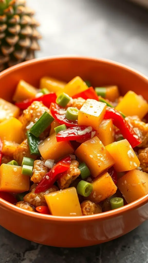 A vibrant bowl of Sweet and Sour Pineapple Chicken with colorful ingredients.