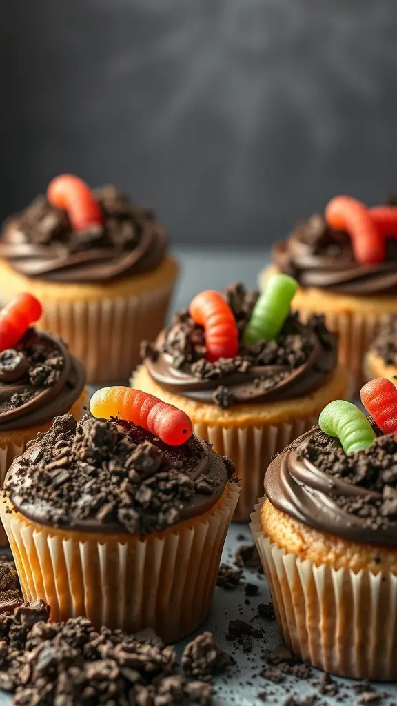 Creepy Crawly Cupcakes topped with chocolate frosting, crushed cookies, and gummy worms.