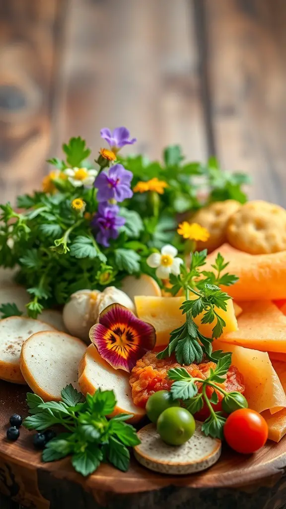 A beautifully arranged charcuterie board featuring fresh herbs and edible flowers alongside cheeses and crackers.