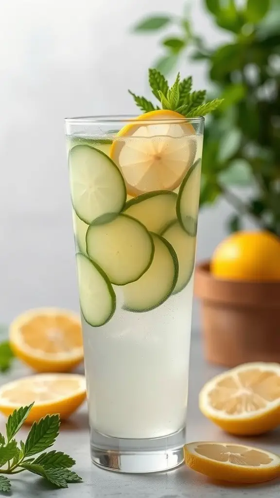 A refreshing cucumber lemonade spritzer in a tall glass, garnished with cucumber and lemon slices, surrounded by fresh lemons and mint leaves.
